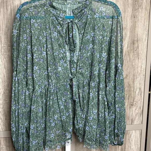 Free People Babydoll Top Mesh Balloon Sleeves Ties in the Back Floral Print Sz S - Picture 6 of 11